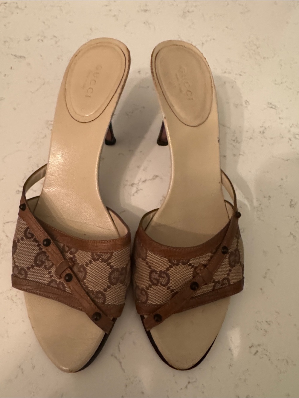 Gucci Beige Brown Monogram Open-Toe Heeled Mules 8 1/2